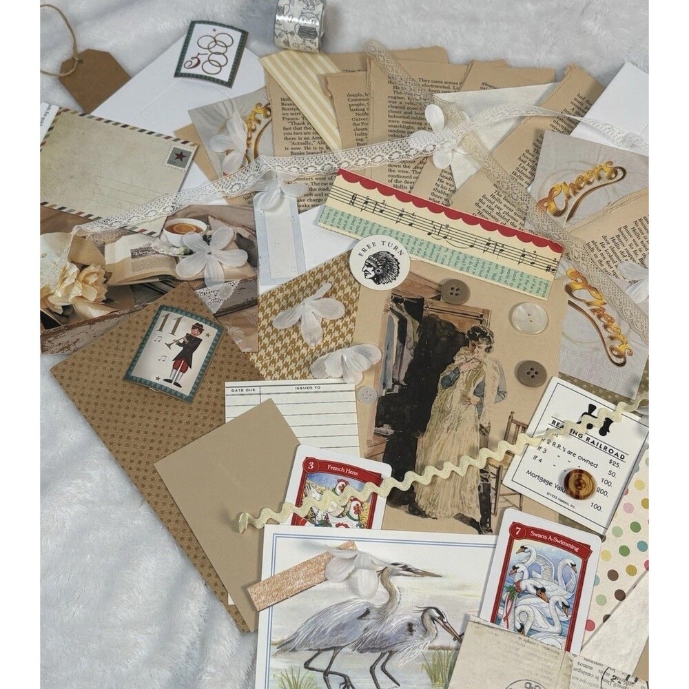 Ephemera Lot Junk Journal Scrapbook Ivory Theme Mixed Media Art Supply 60+ Items
